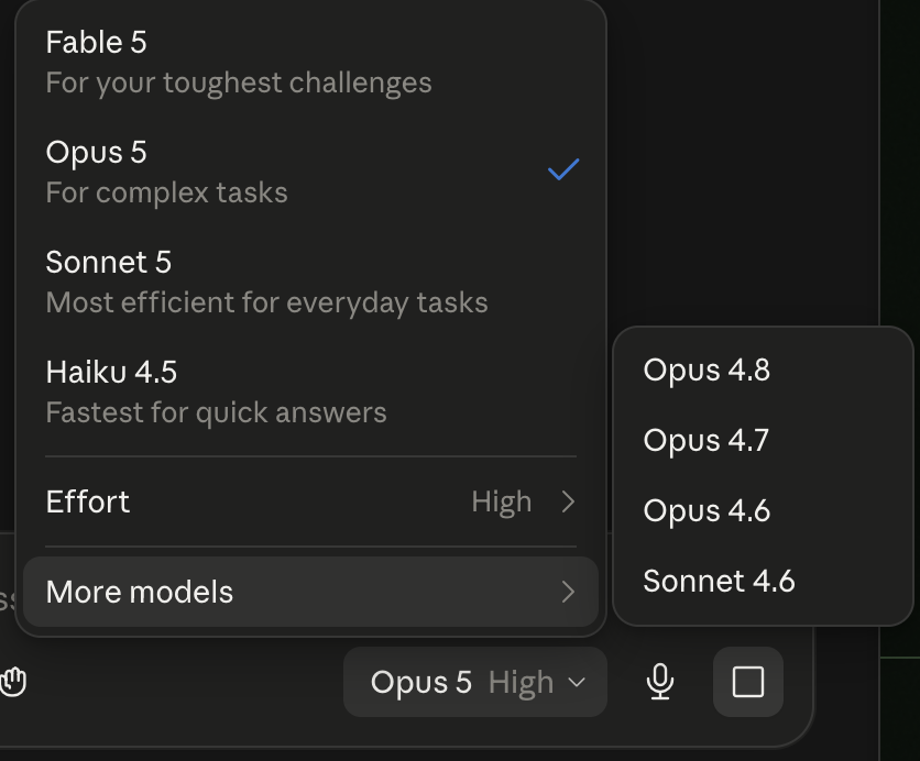The Claude model picker, showing a list of models each with a short description underneath, an Effort setting, and a More models option. The currently selected model is shown in the message box at the bottom.